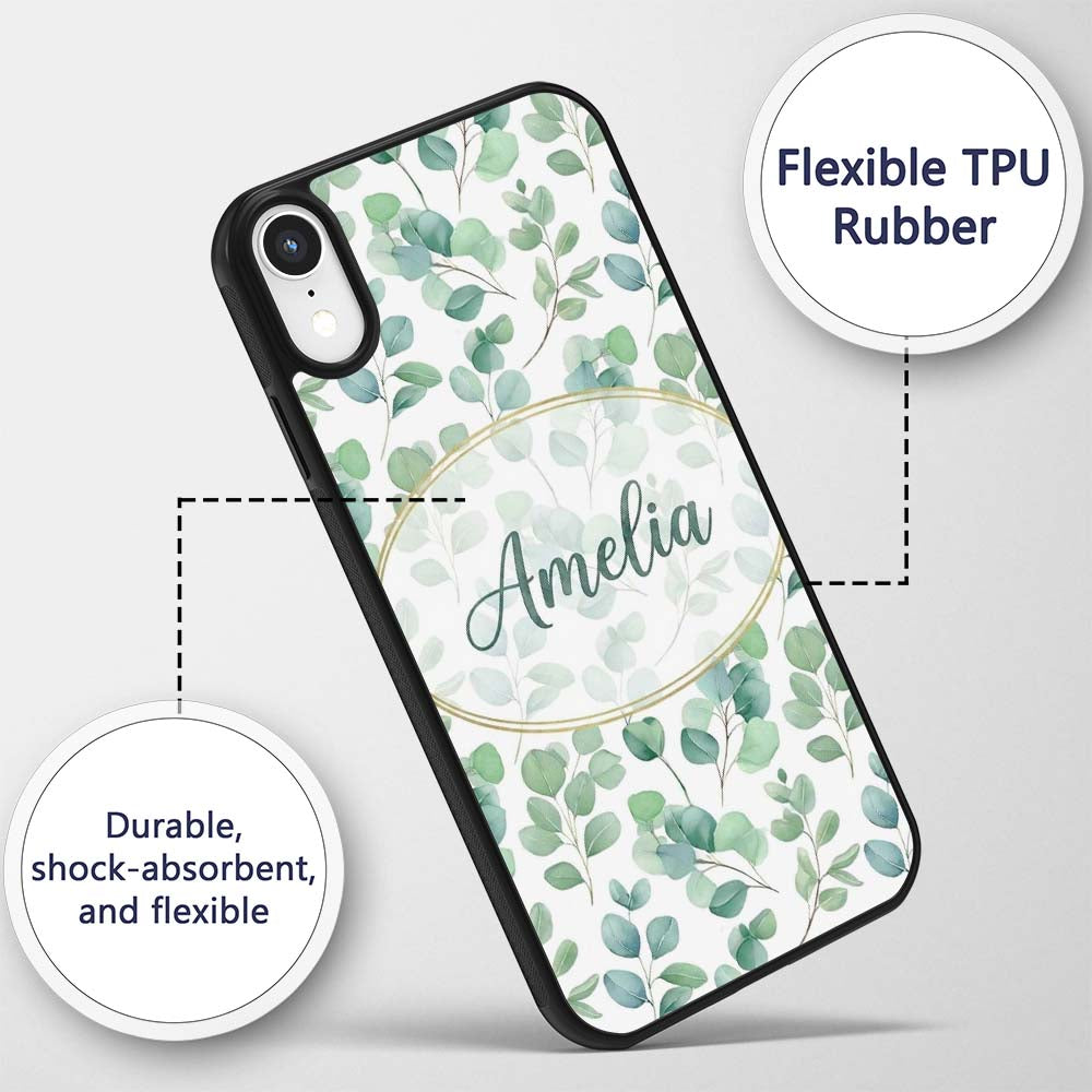 Muted Green Eucalyptus Branches Minimal Seamless Custom Name Protective Phone Case Mobile Cover Durable Everyday Smartphone Shock Resistant