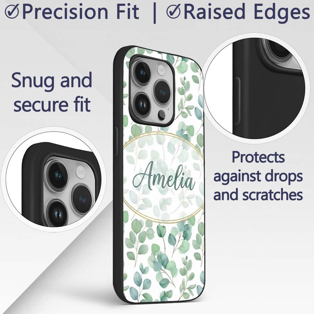 Muted Green Eucalyptus Branches Minimal Seamless Custom Name Protective Phone Case Mobile Cover Durable Everyday Smartphone Shock Resistant