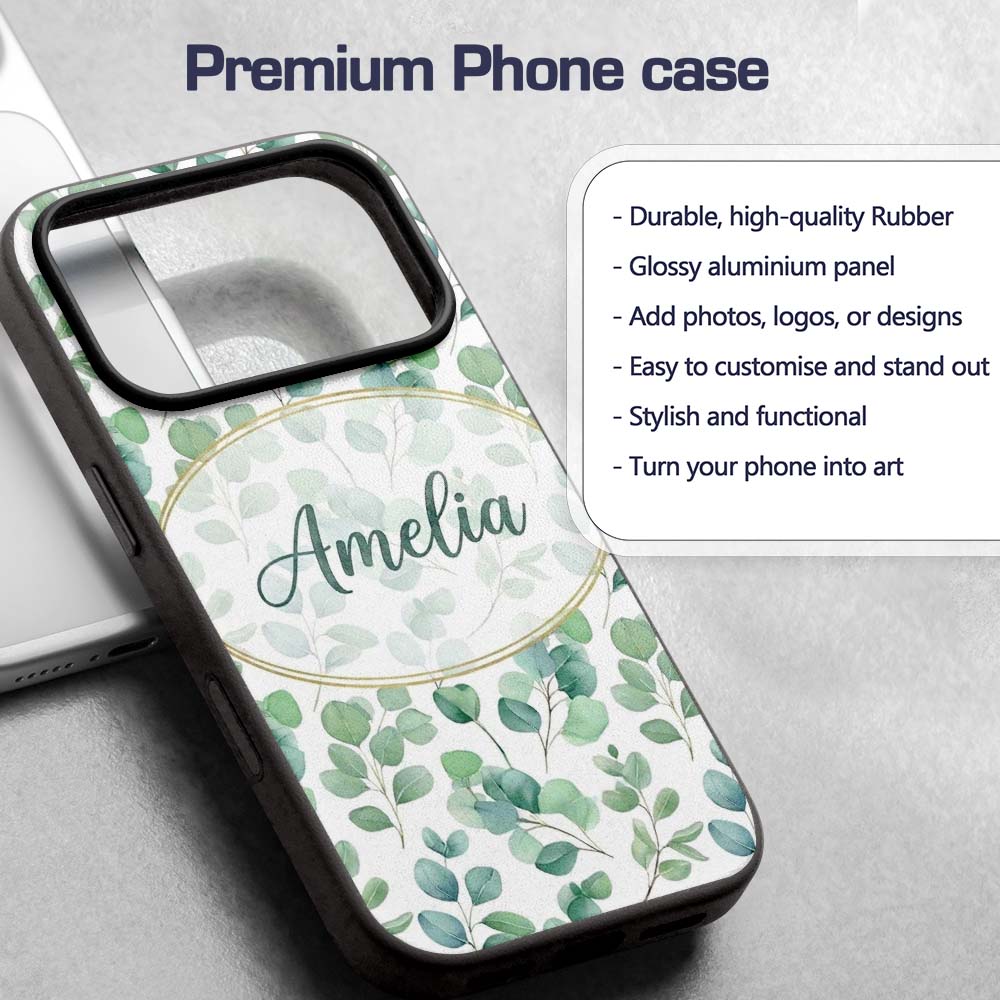 Muted Green Eucalyptus Branches Minimal Seamless Custom Name Protective Phone Case Mobile Cover Durable Everyday Smartphone Shock Resistant