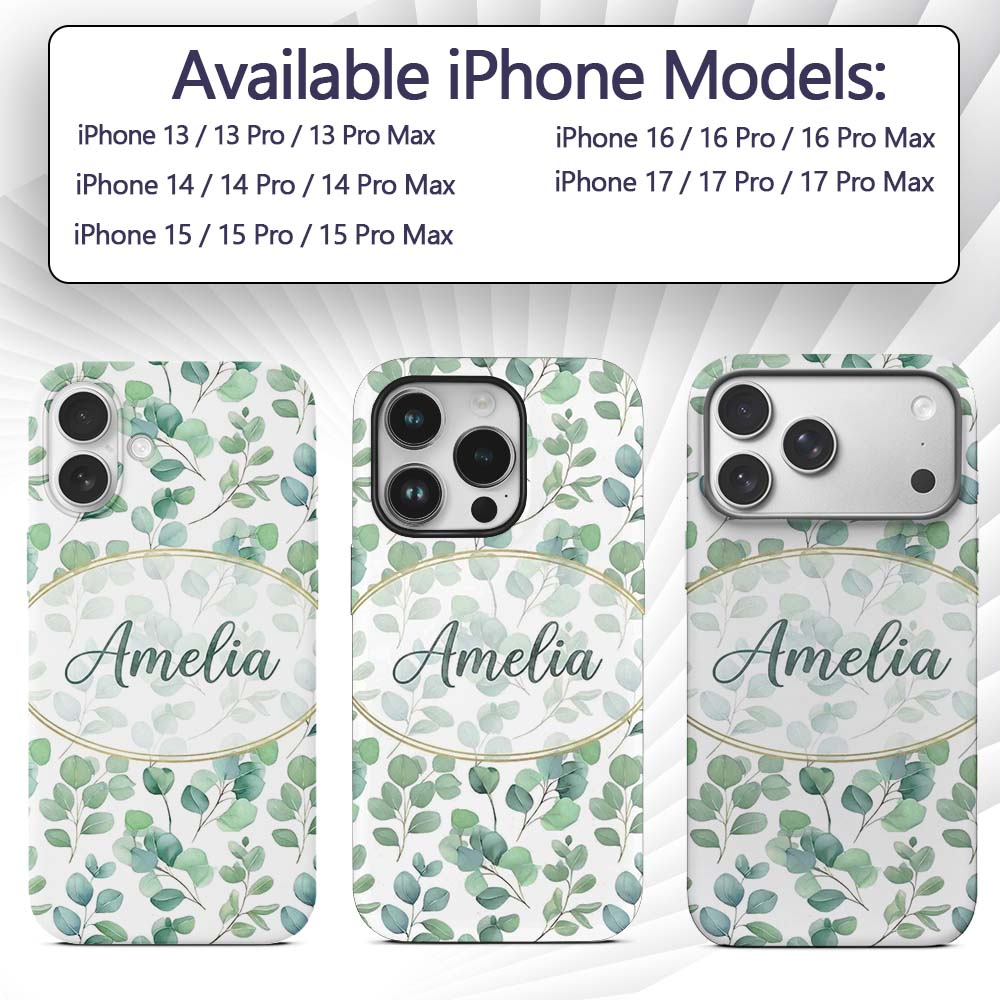 Muted Green Eucalyptus Branches Minimal Seamless Custom Name Protective Phone Case Mobile Cover Durable Everyday Smartphone Shock Resistant