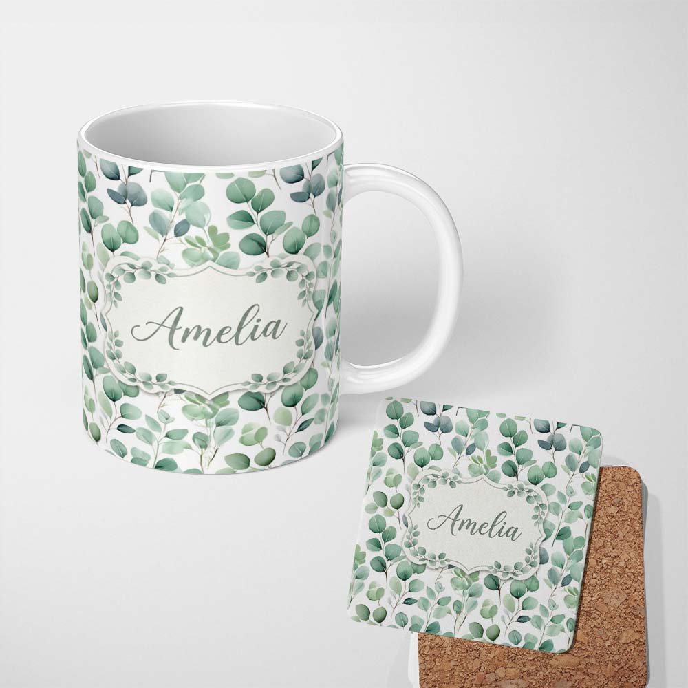 Personalized Custom Name Fresh Green Eucalyptus Foliage Soft Botanical Seamless Pattern Name 11oz Ceramic Coffee Tea Mug White Large Handle