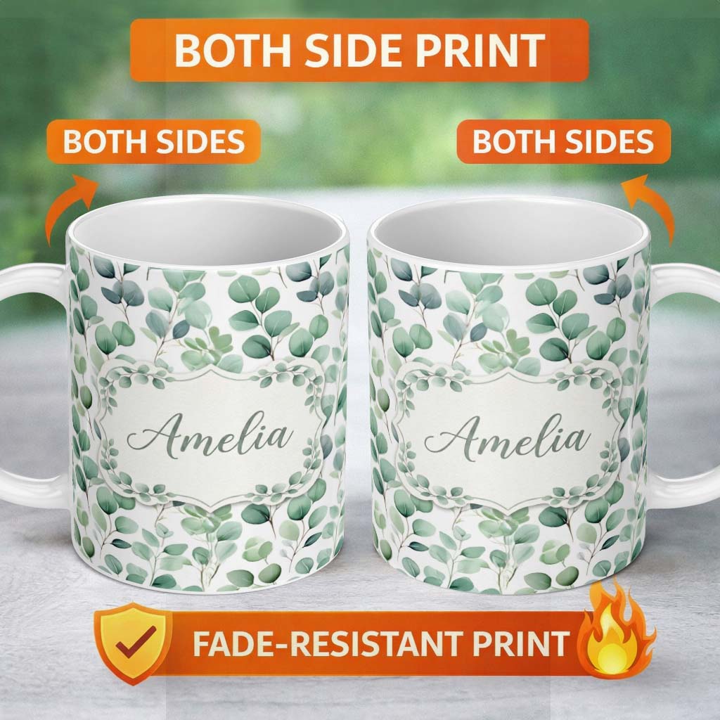 Personalized Custom Name Fresh Green Eucalyptus Foliage Soft Botanical Seamless Pattern Name 11oz Ceramic Coffee Tea Mug White Large Handle