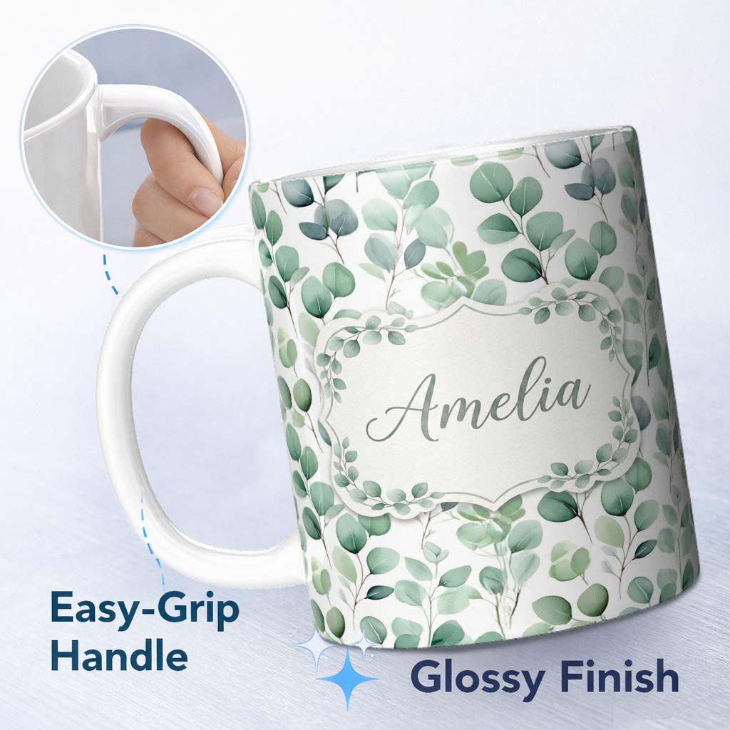 Personalized Custom Name Fresh Green Eucalyptus Foliage Soft Botanical Seamless Pattern Name 11oz Ceramic Coffee Tea Mug White Large Handle