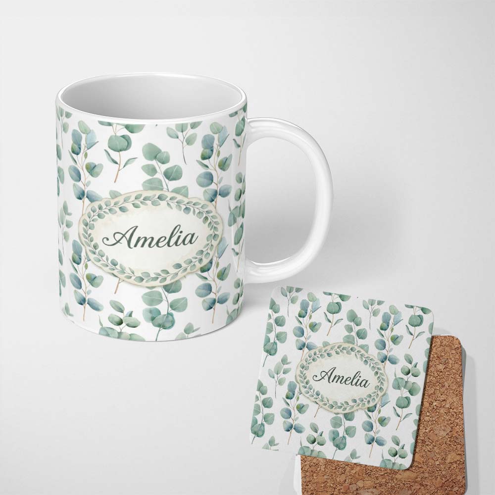 Personalized Custom Name Delicate Green Eucalyptus Leaves Natural Seamless Pattern Custom 11oz Ceramic Coffee Tea Mug White Large Handle