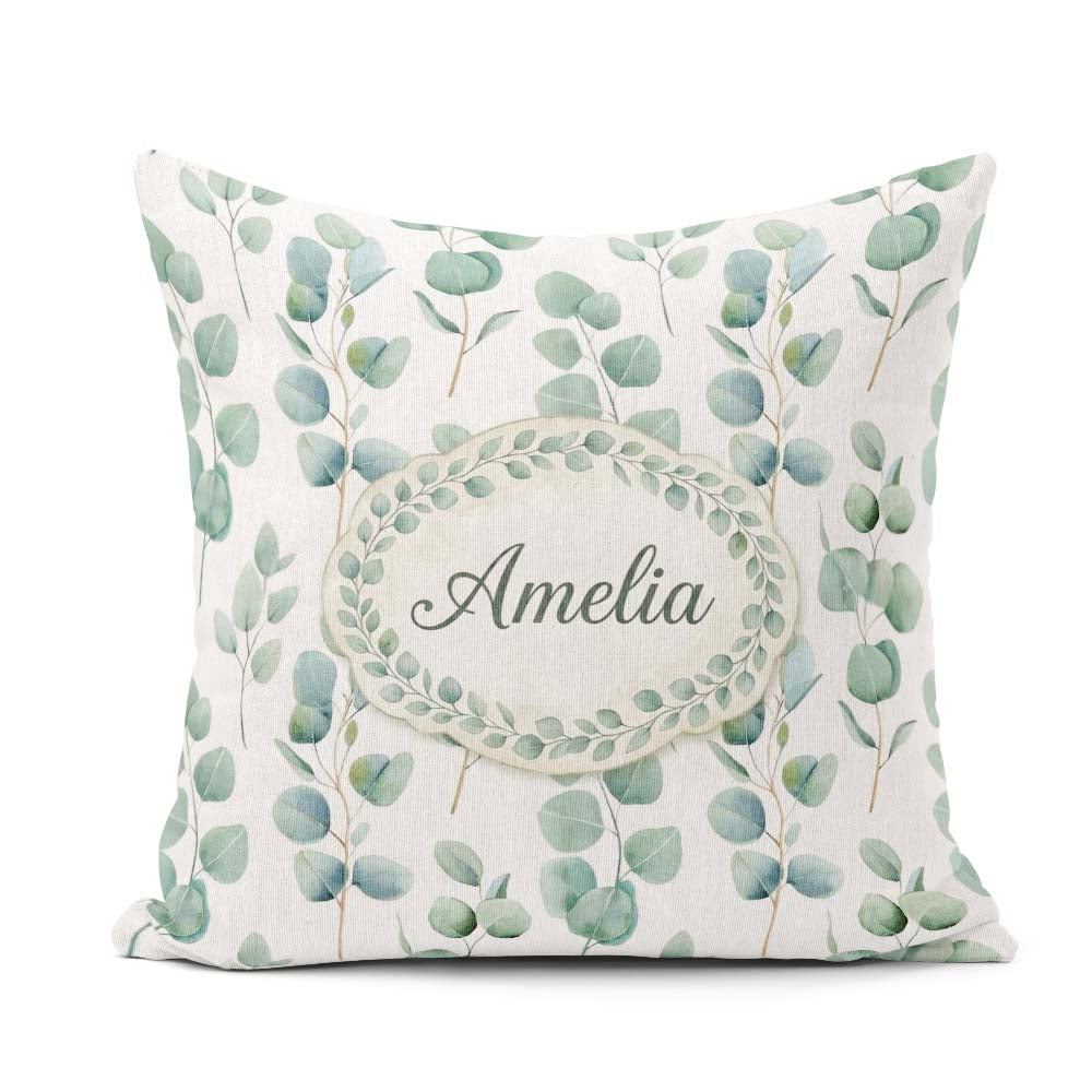 Custom Name Delicate Eucalyptus Leaves Natural Seamless Pattern Square Filled Cushion Throw Pillow Sofa Bed Home Decor Zip Washable UK Made