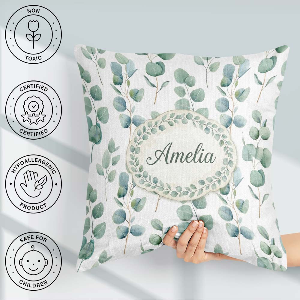 Custom Name Delicate Eucalyptus Leaves Natural Seamless Pattern Square Filled Cushion Throw Pillow Sofa Bed Home Decor Zip Washable UK Made