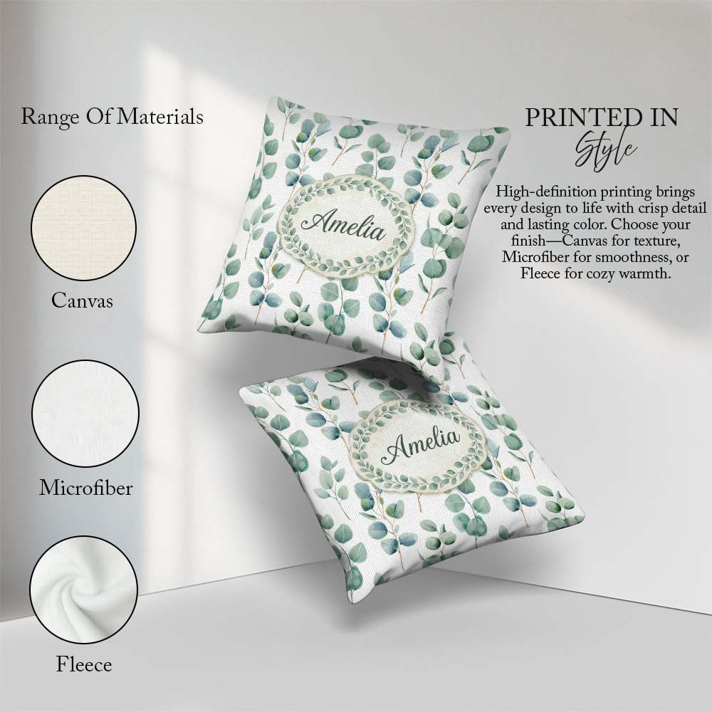Custom Name Delicate Eucalyptus Leaves Natural Seamless Pattern Square Filled Cushion Throw Pillow Sofa Bed Home Decor Zip Washable UK Made