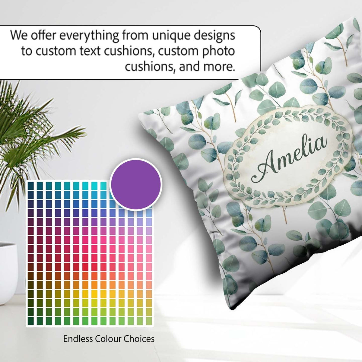 Custom Name Delicate Eucalyptus Leaves Natural Seamless Pattern Square Filled Cushion Throw Pillow Sofa Bed Home Decor Zip Washable UK Made