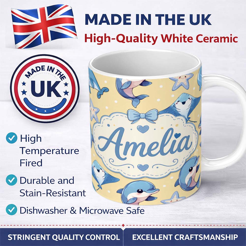Personalized Custom Name Cute Dolphins Stingrays and Starfish Ocean Animals Seamless Pattern 11oz Ceramic Coffee Tea Mug White Large Handle