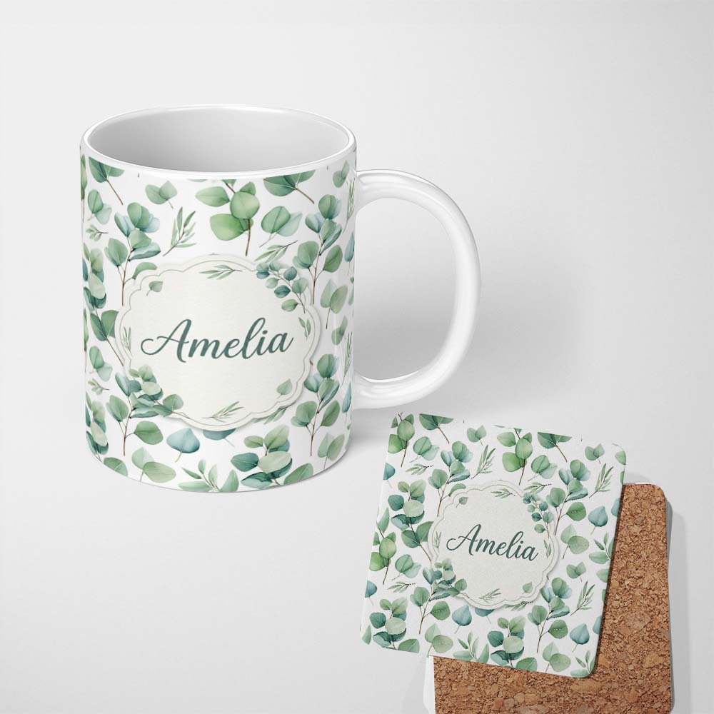 Personalized Custom Name Soft Pastel Eucalyptus Leaf Sprigs Botanical Seamless Pattern Name 11oz Ceramic Coffee Tea Mug White Large Handle
