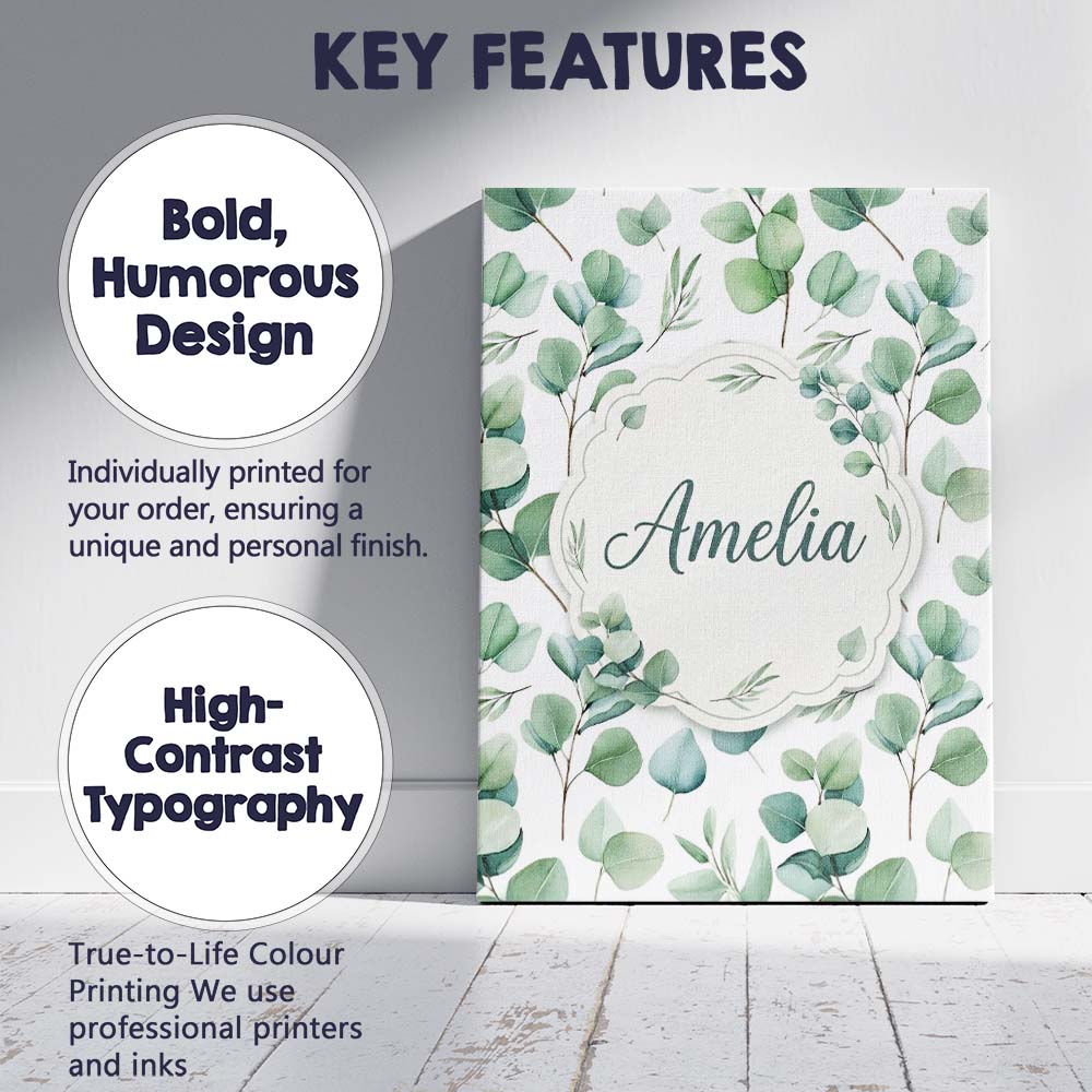 Personalised Name Soft Pastel Eucalyptus Custom Unique Gift Idea Elegant Feature Canvas Wall Art Print Decor Picture Ready to Hang