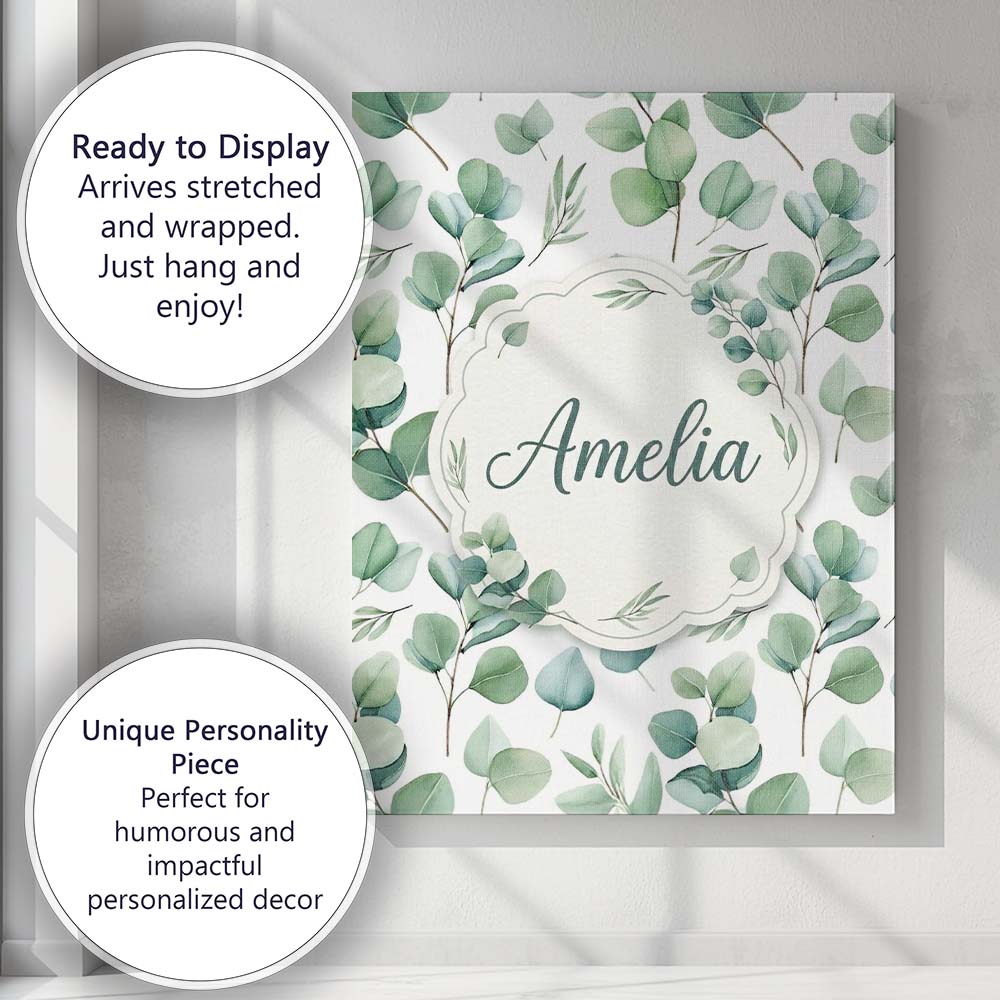 Personalised Name Soft Pastel Eucalyptus Custom Unique Gift Idea Elegant Feature Canvas Wall Art Print Decor Picture Ready to Hang