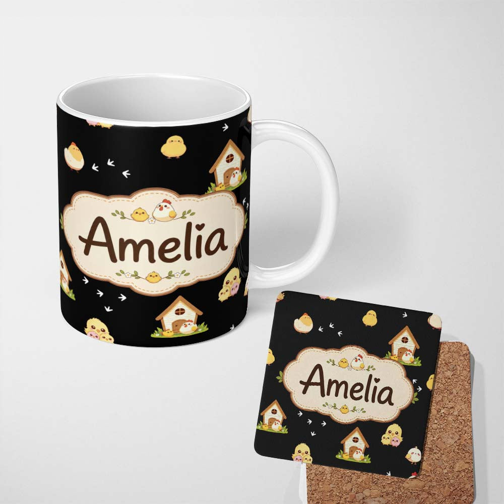 Personalized Custom Name Cute Cartoon Chickens Farmhouse Seamless Pattern Name Unique Gift 11oz Ceramic Coffee Tea Mug White Large Handle