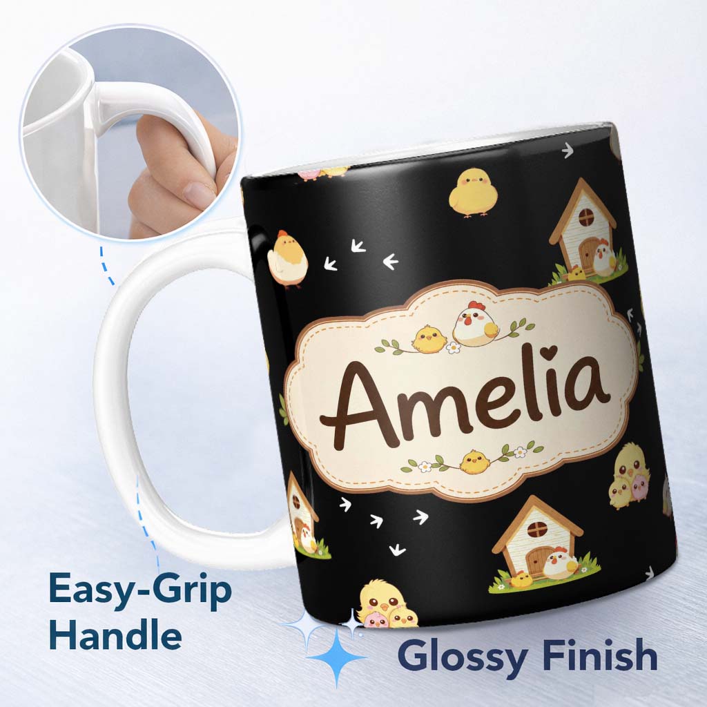 Personalized Custom Name Cute Cartoon Chickens Farmhouse Seamless Pattern Name Unique Gift 11oz Ceramic Coffee Tea Mug White Large Handle
