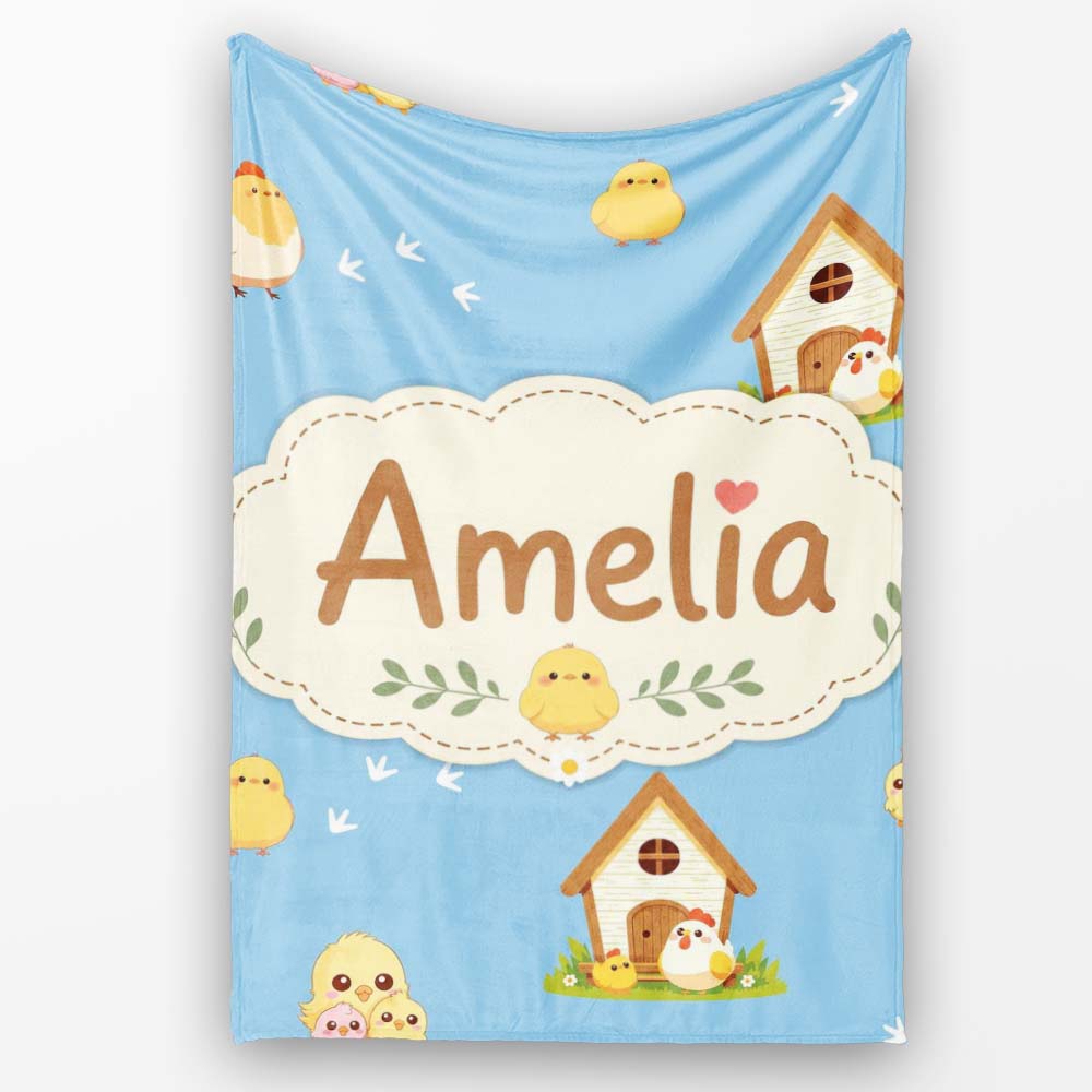 Cute Baby Chickens Blue Background Seamless Pattern Name Unique Gift Personalised Custom Name Super Soft Fleece Blanket Bed Sofa Throw