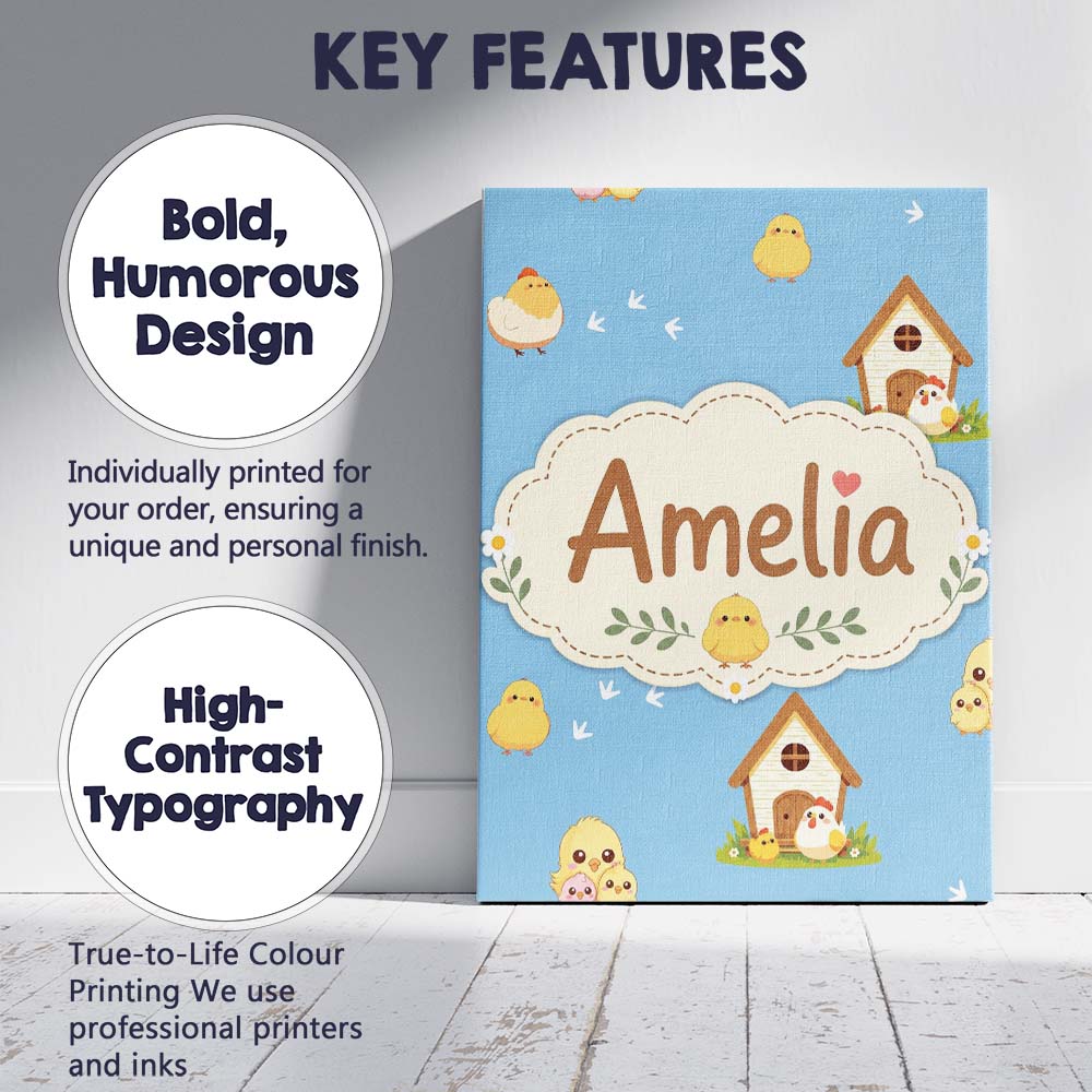Personalised Name Cute Baby Chickens Blue Custom Unique Gift Idea Elegant Feature Canvas Wall Art Print Decor Picture Ready to Hang