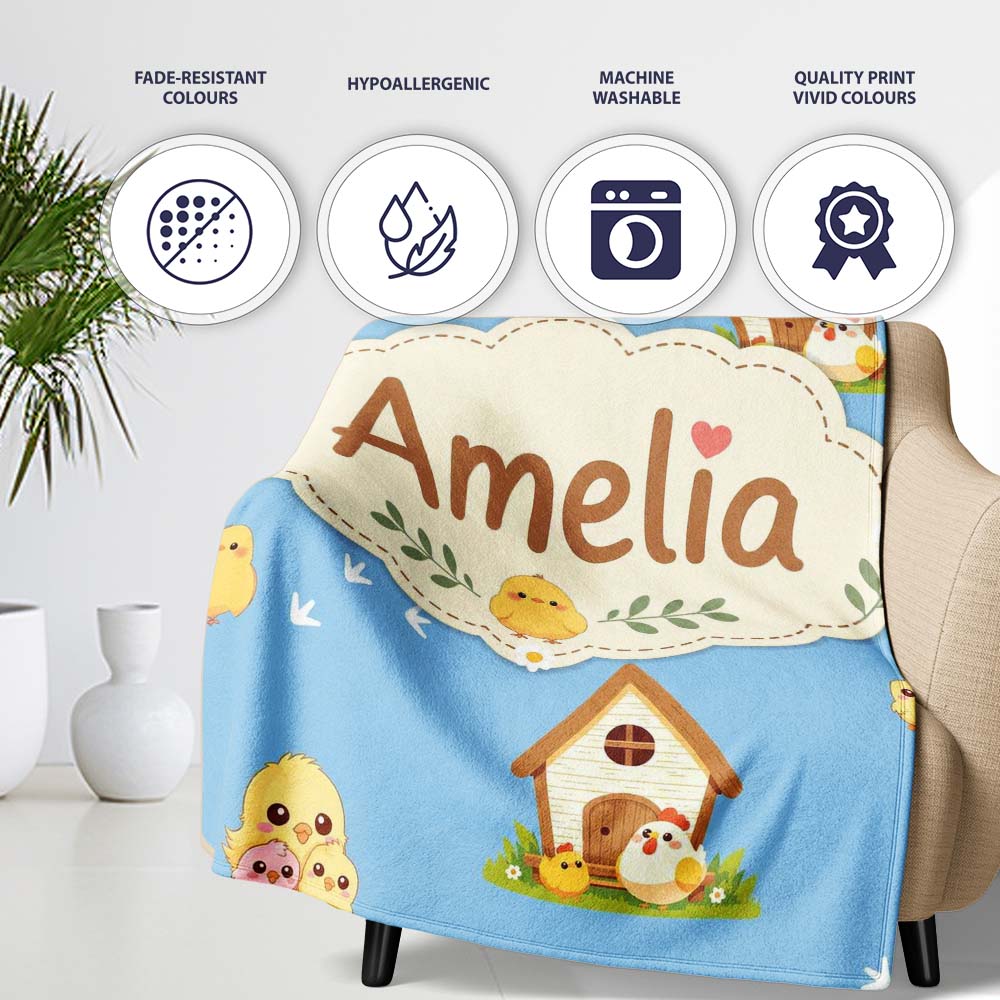 Cute Baby Chickens Blue Background Seamless Pattern Name Unique Gift Personalised Custom Name Super Soft Fleece Blanket Bed Sofa Throw