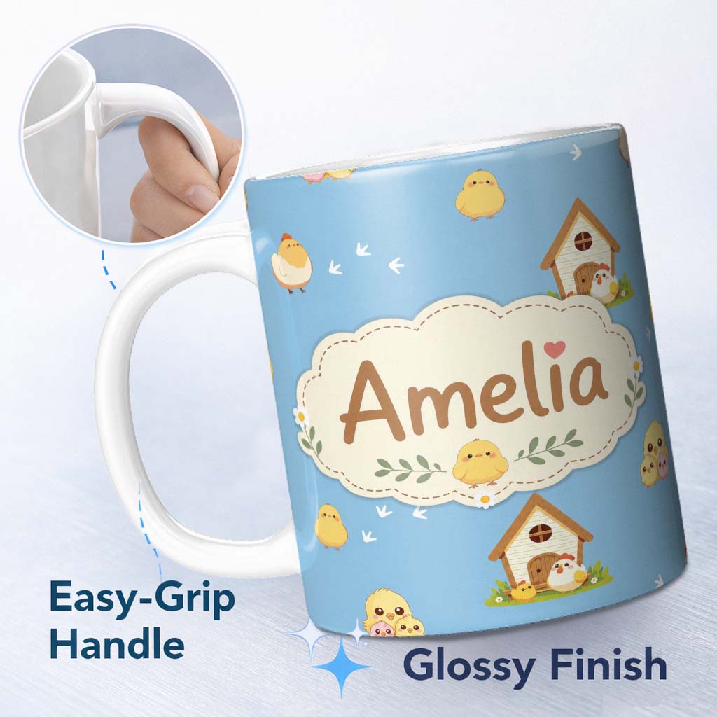 Personalized Custom Name Cute Baby Chickens Blue Background Seamless Pattern Name Unique Gift 11oz Ceramic Coffee Tea Mug White Large Handle