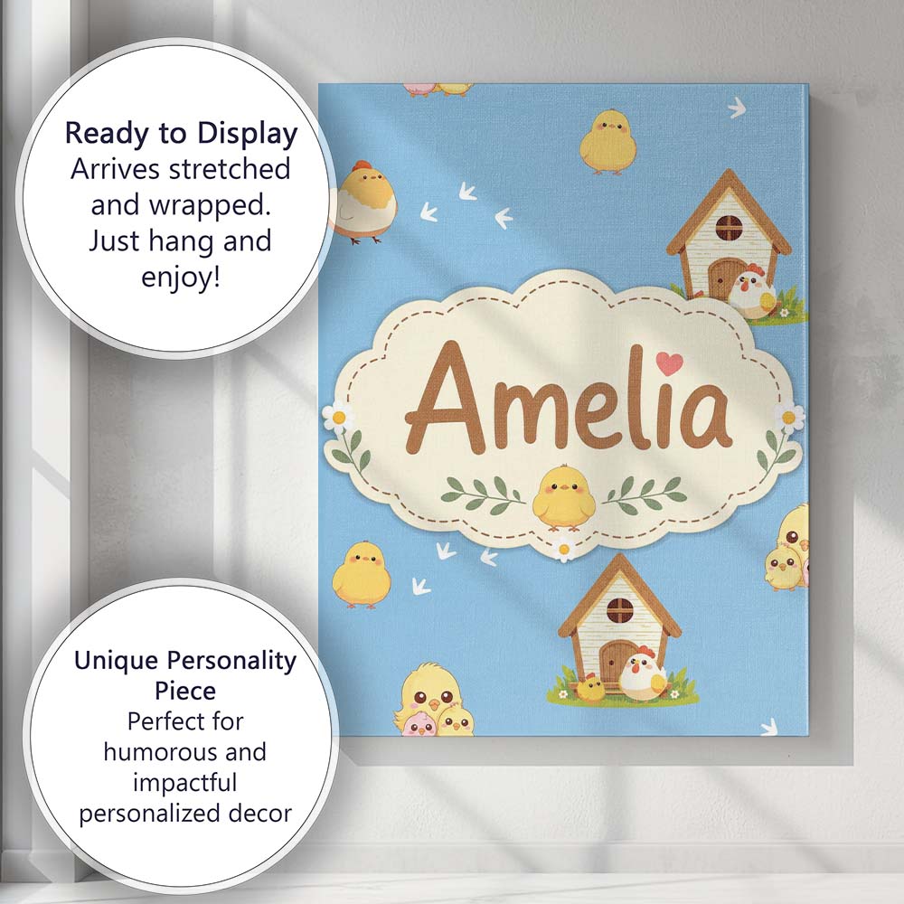 Personalised Name Cute Baby Chickens Blue Custom Unique Gift Idea Elegant Feature Canvas Wall Art Print Decor Picture Ready to Hang