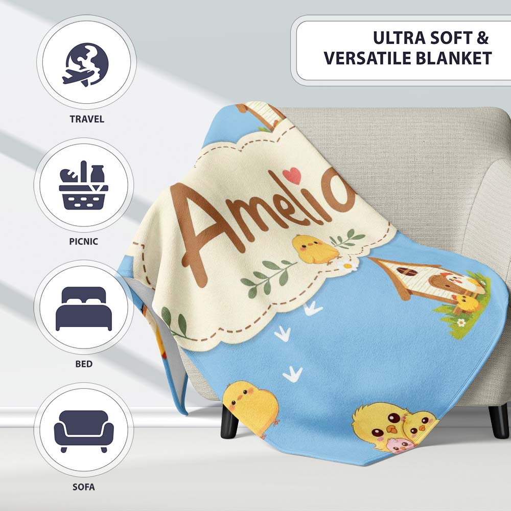 Cute Baby Chickens Blue Background Seamless Pattern Name Unique Gift Personalised Custom Name Super Soft Fleece Blanket Bed Sofa Throw
