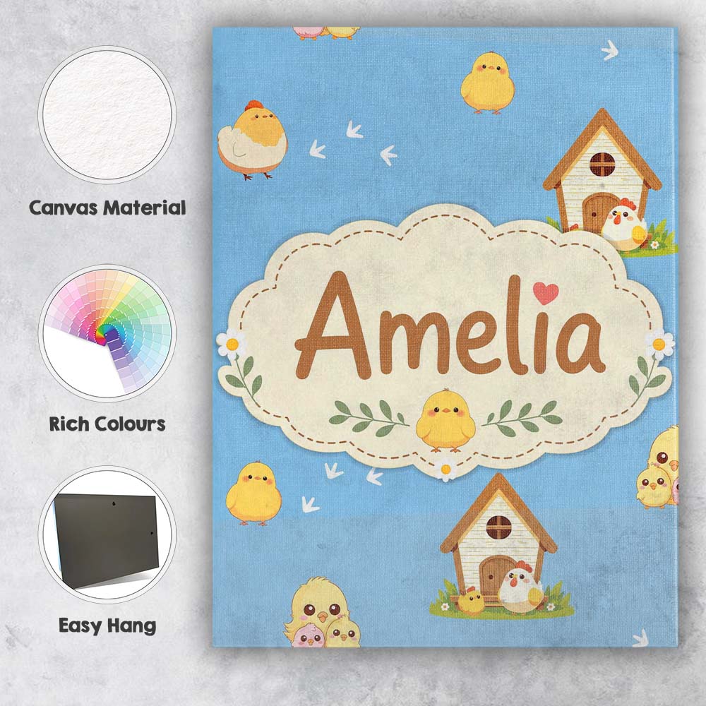Personalised Name Cute Baby Chickens Blue Custom Unique Gift Idea Elegant Feature Canvas Wall Art Print Decor Picture Ready to Hang