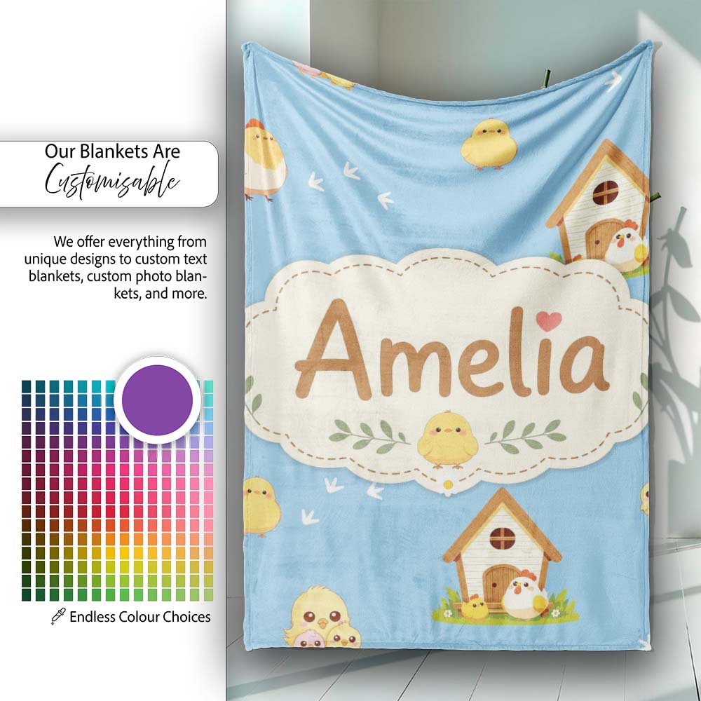 Cute Baby Chickens Blue Background Seamless Pattern Name Unique Gift Personalised Custom Name Super Soft Fleece Blanket Bed Sofa Throw