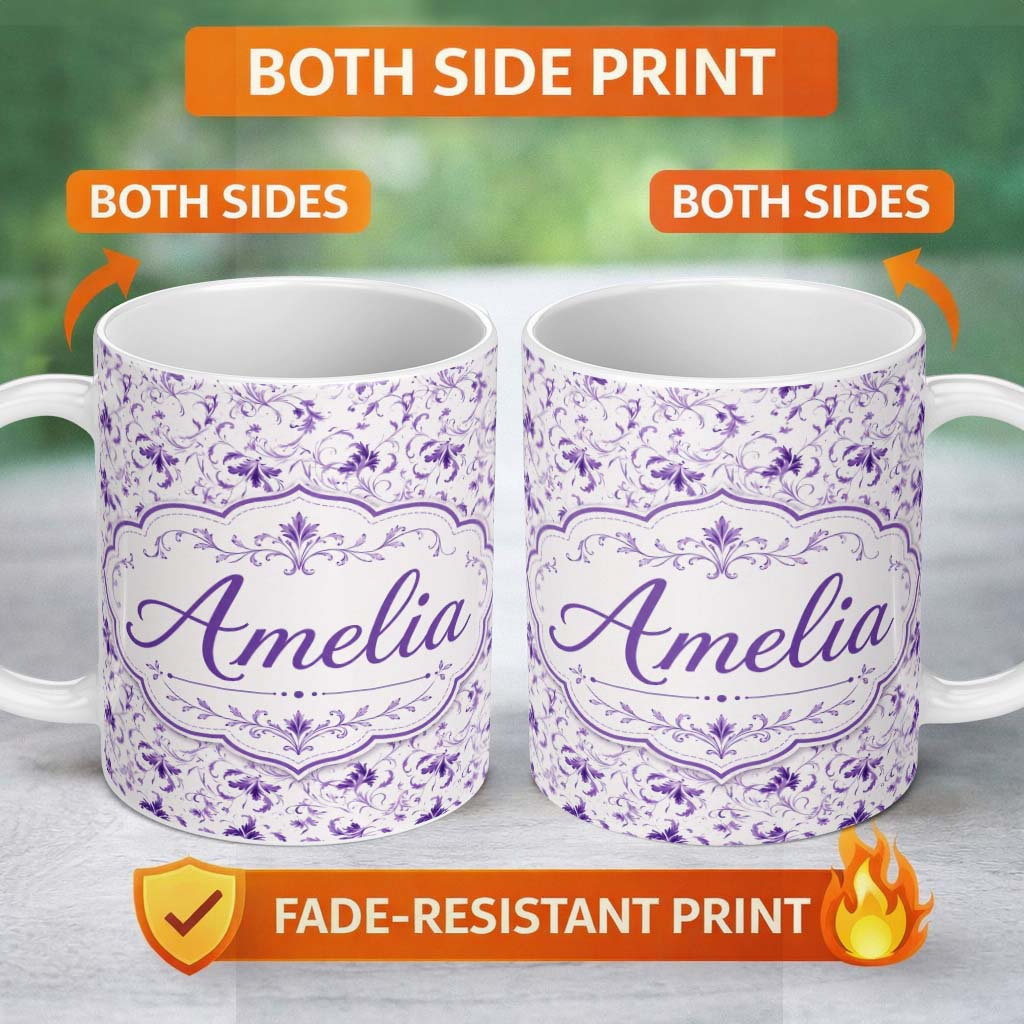 Personalized Custom Name Delicate Purple Floral Vine Ditsy Seamless Pattern Cute Unique Gift 11oz Ceramic Coffee Tea Mug White Large Handle