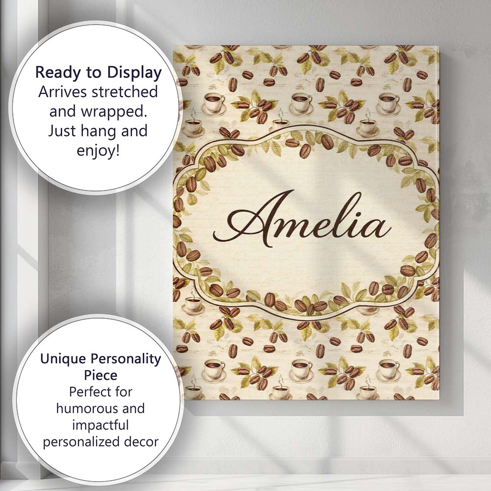 Personalised Name Coffee Beans and Olive Leaves Minimal Seamless Custom Interior Canvas Wall Art Print Decor Picture Ready to Hang