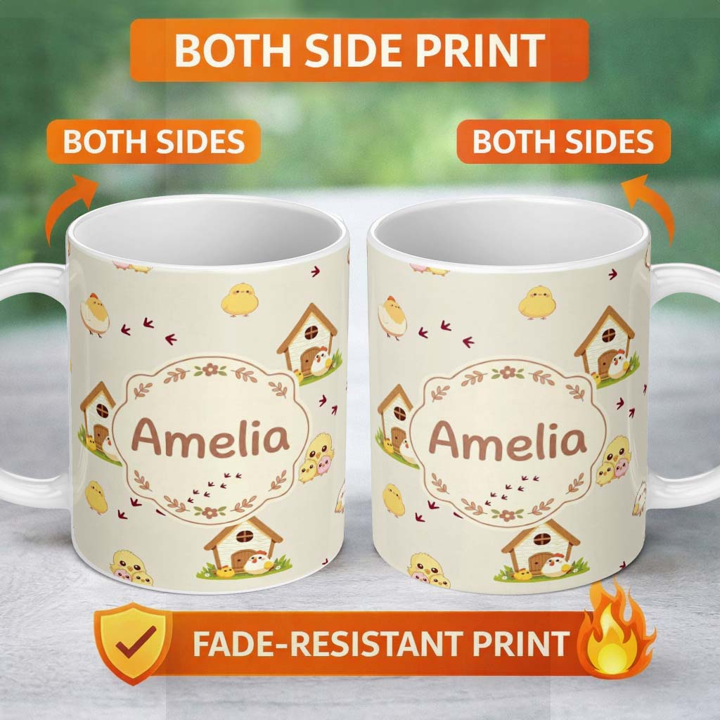 Personalized Custom Name Cute Cartoon Chickens Farmhouse Pattern Neutral Cream Background 11oz Ceramic Coffee Tea Mug White Large Handle