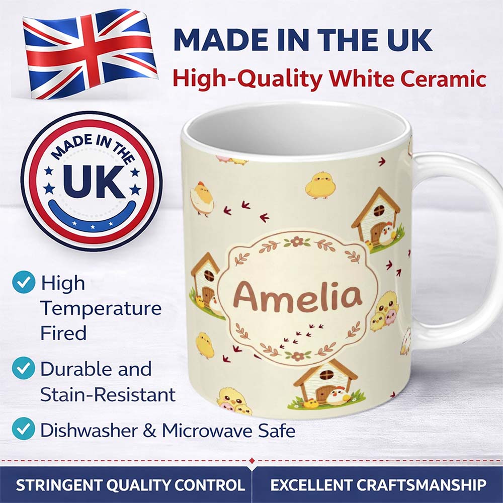 Personalized Custom Name Cute Cartoon Chickens Farmhouse Pattern Neutral Cream Background 11oz Ceramic Coffee Tea Mug White Large Handle
