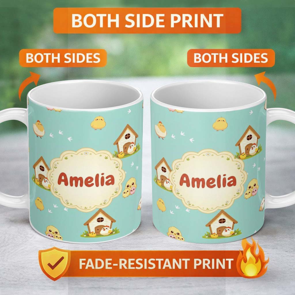Personalized Custom Name Cute Cartoon Chickens Farmhouse Pattern Soft Mint Background 11oz Ceramic Coffee Tea Mug White Large Handle