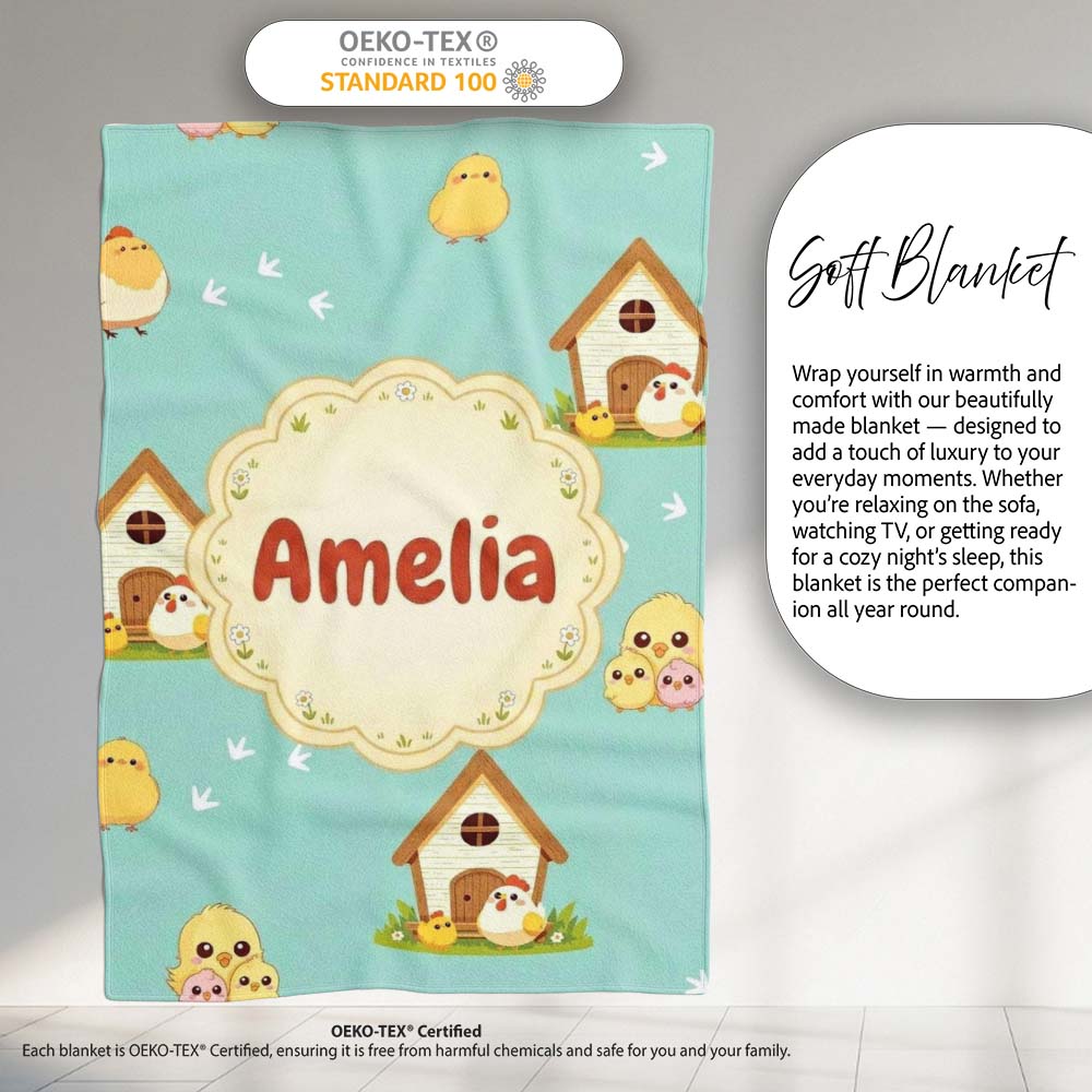 Cute Cartoon Chickens Farmhouse Pattern Soft Mint Background Personalised Custom Name Super Soft Fleece Blanket Bed Sofa Throw