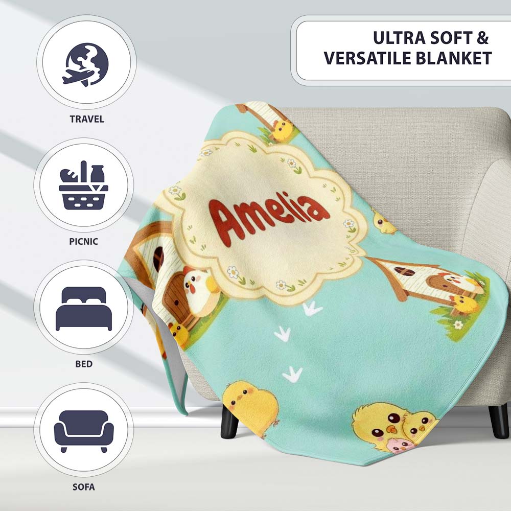 Cute Cartoon Chickens Farmhouse Pattern Soft Mint Background Personalised Custom Name Super Soft Fleece Blanket Bed Sofa Throw