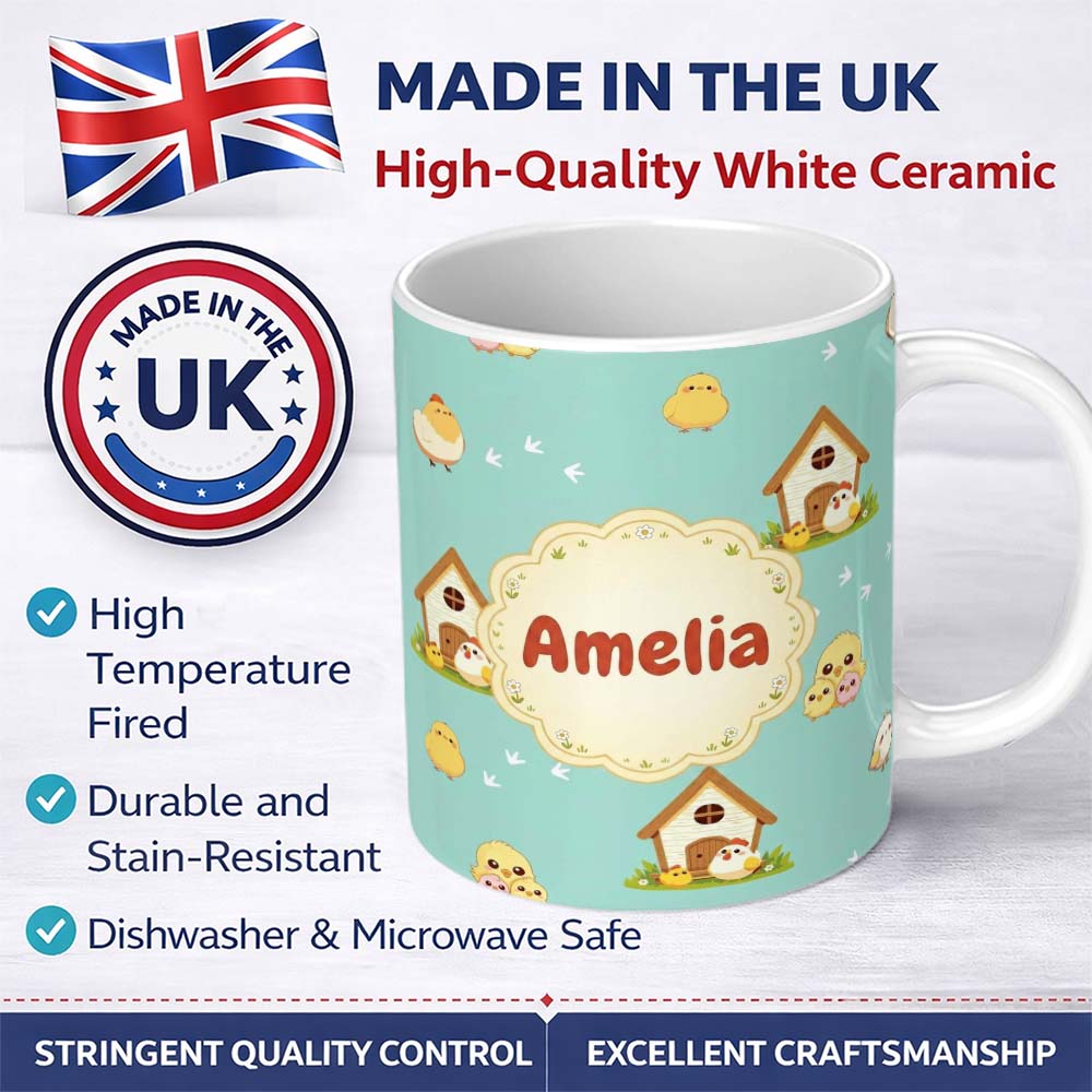 Personalized Custom Name Cute Cartoon Chickens Farmhouse Pattern Soft Mint Background 11oz Ceramic Coffee Tea Mug White Large Handle