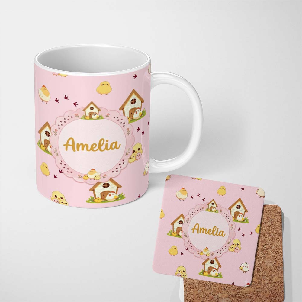 Personalized Custom Name Cute Cartoon Chickens Farmhouse Pattern Blush Pink Background 11oz Ceramic Coffee Tea Mug White Large Handle