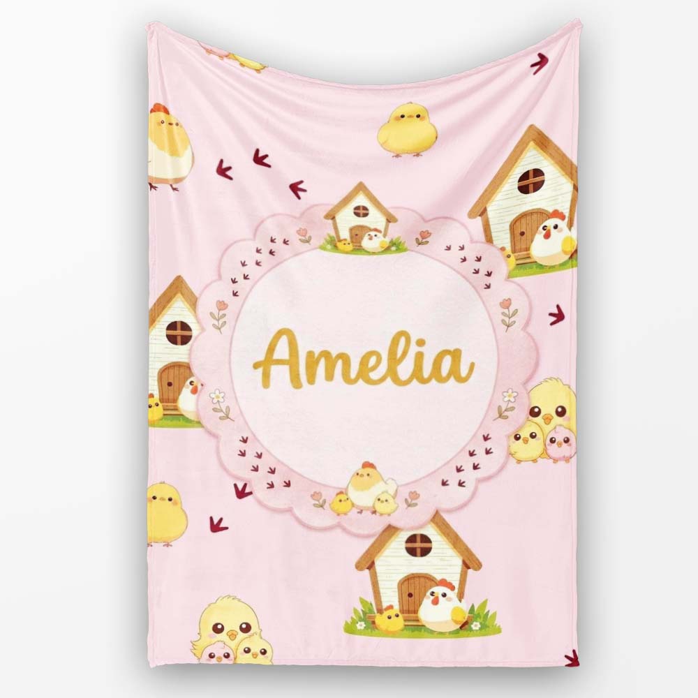 Cute Cartoon Chickens Farmhouse Pattern Blush Pink Background Personalised Custom Name Super Soft Fleece Blanket Bed Sofa Throw
