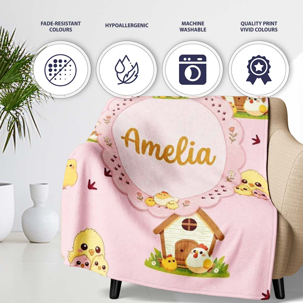 Cute Cartoon Chickens Farmhouse Pattern Blush Pink Background Personalised Custom Name Super Soft Fleece Blanket Bed Sofa Throw