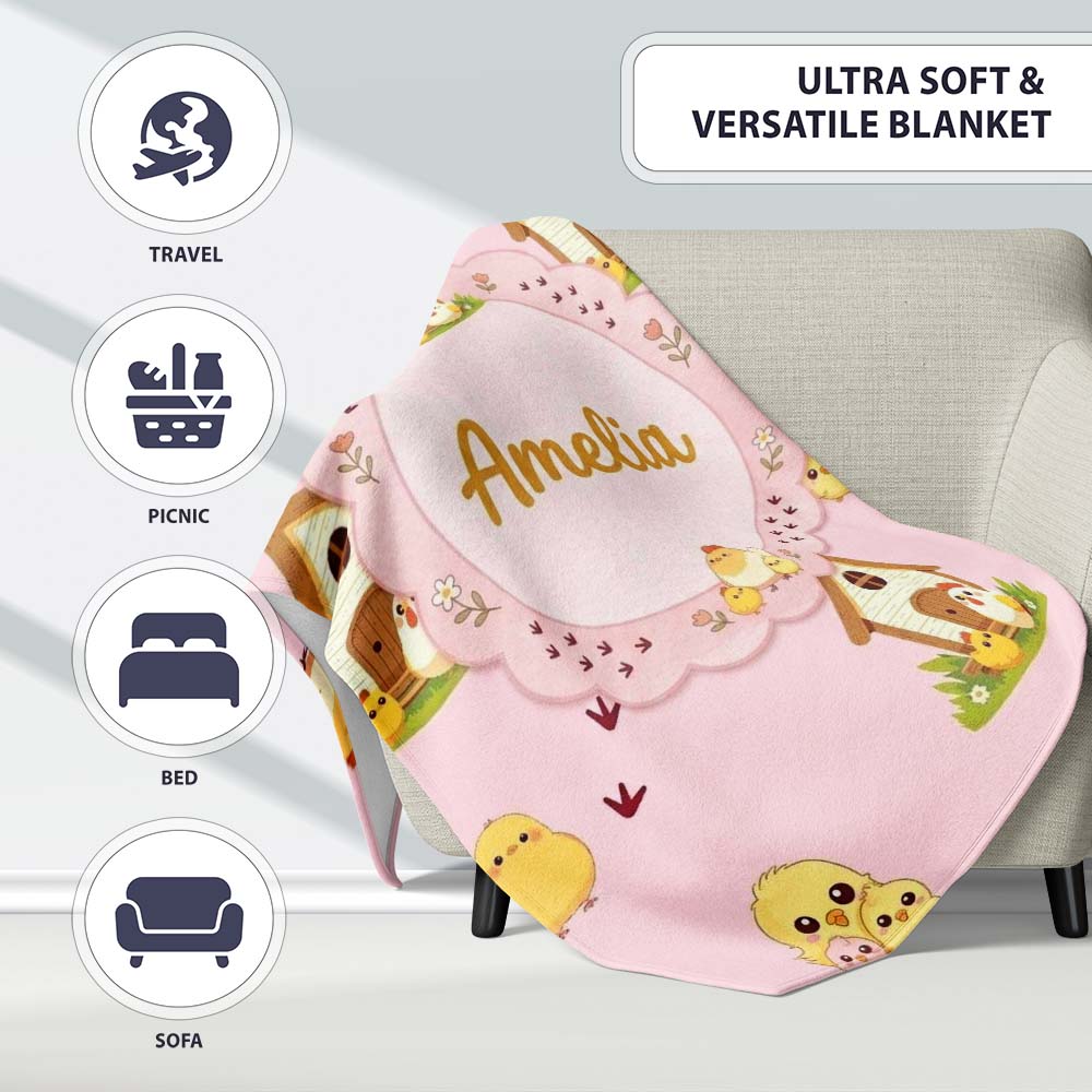 Cute Cartoon Chickens Farmhouse Pattern Blush Pink Background Personalised Custom Name Super Soft Fleece Blanket Bed Sofa Throw