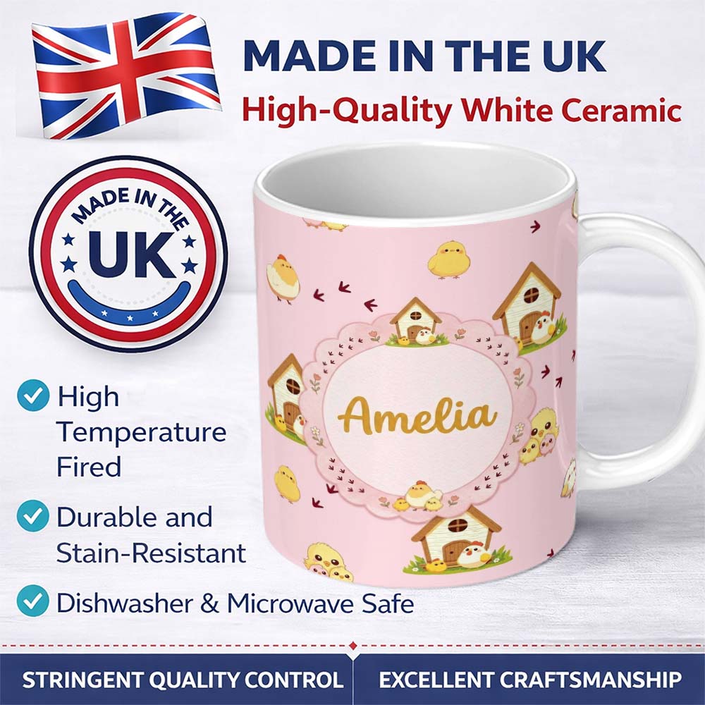 Personalized Custom Name Cute Cartoon Chickens Farmhouse Pattern Blush Pink Background 11oz Ceramic Coffee Tea Mug White Large Handle