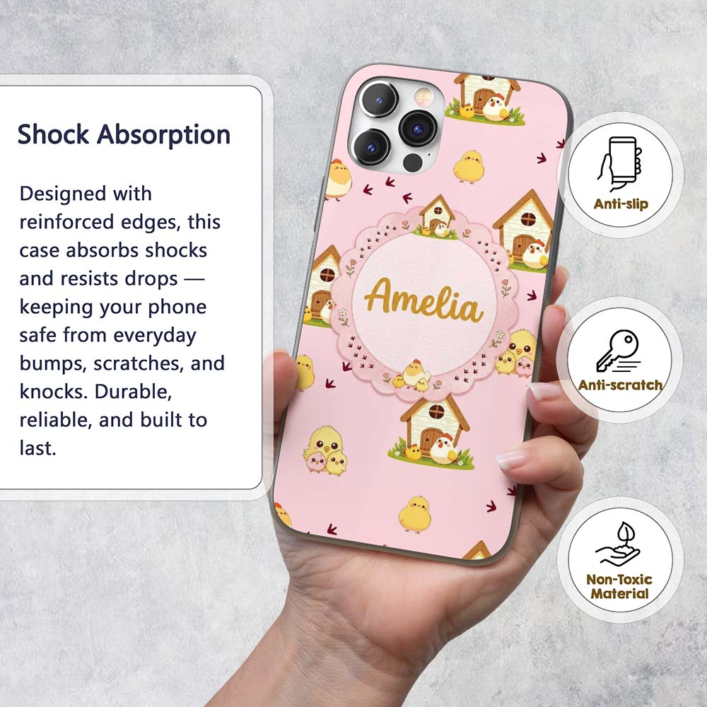 Cute Cartoon Chickens Farmhouse Pattern Blush Custom Name Protective Phone Case Mobile Cover Durable Everyday Smartphone Shock Resistant