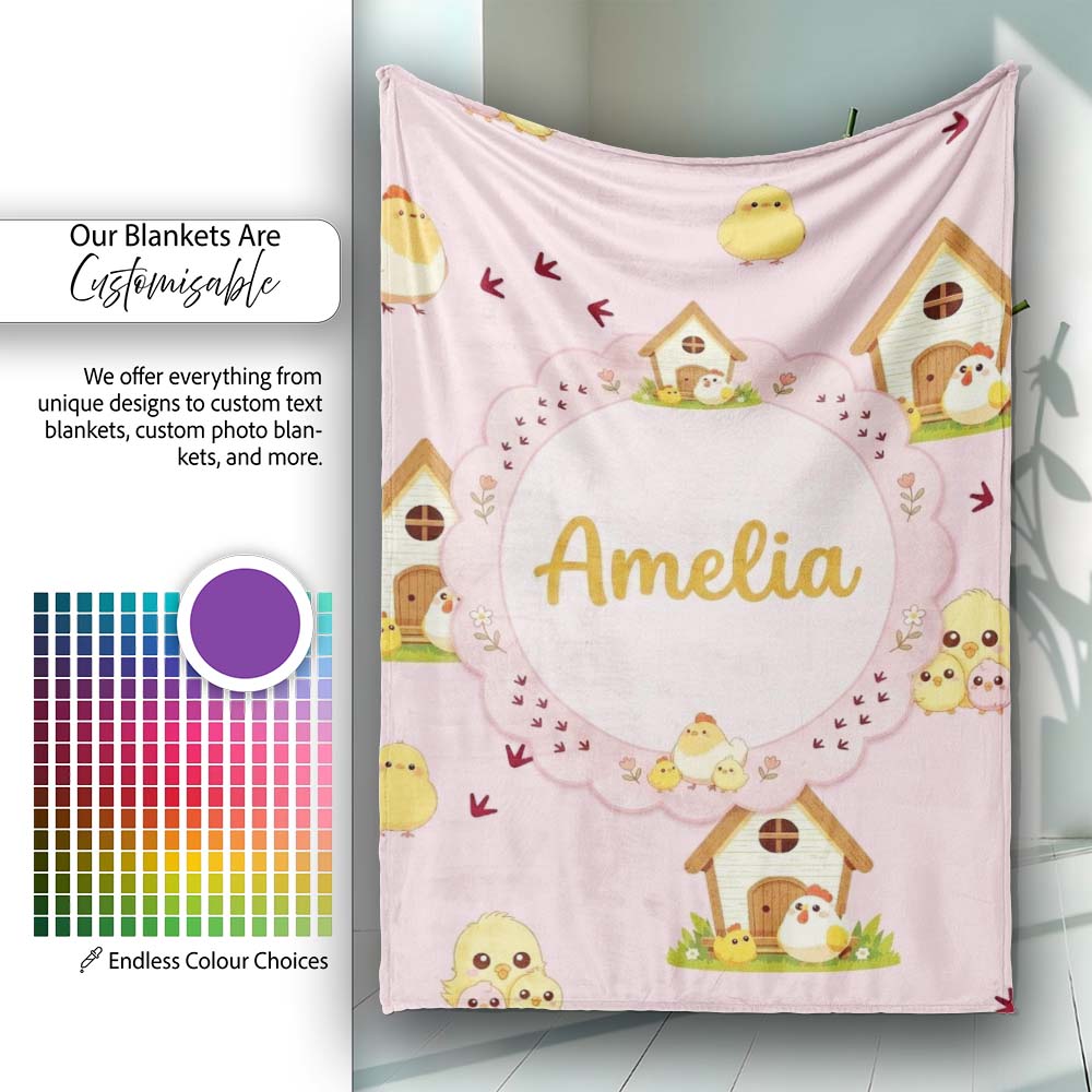 Cute Cartoon Chickens Farmhouse Pattern Blush Pink Background Personalised Custom Name Super Soft Fleece Blanket Bed Sofa Throw