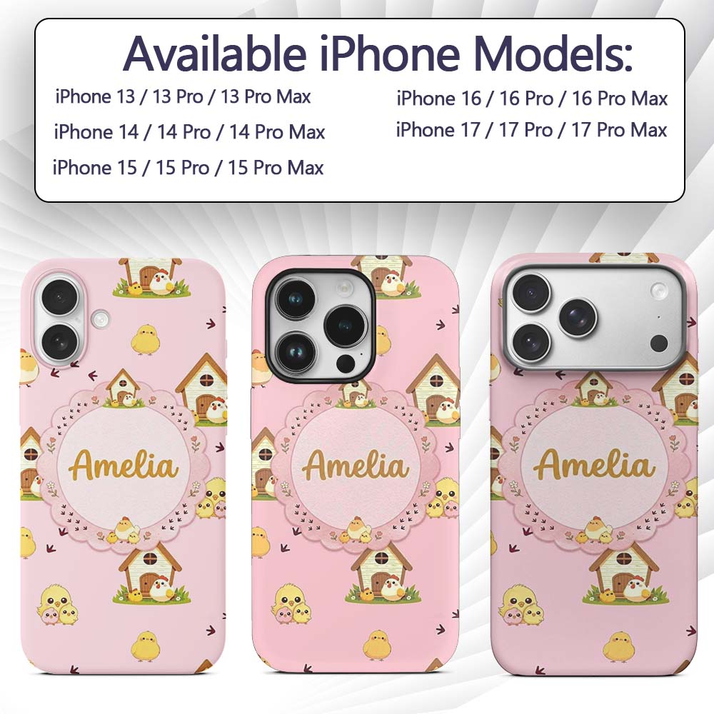 Cute Cartoon Chickens Farmhouse Pattern Blush Custom Name Protective Phone Case Mobile Cover Durable Everyday Smartphone Shock Resistant