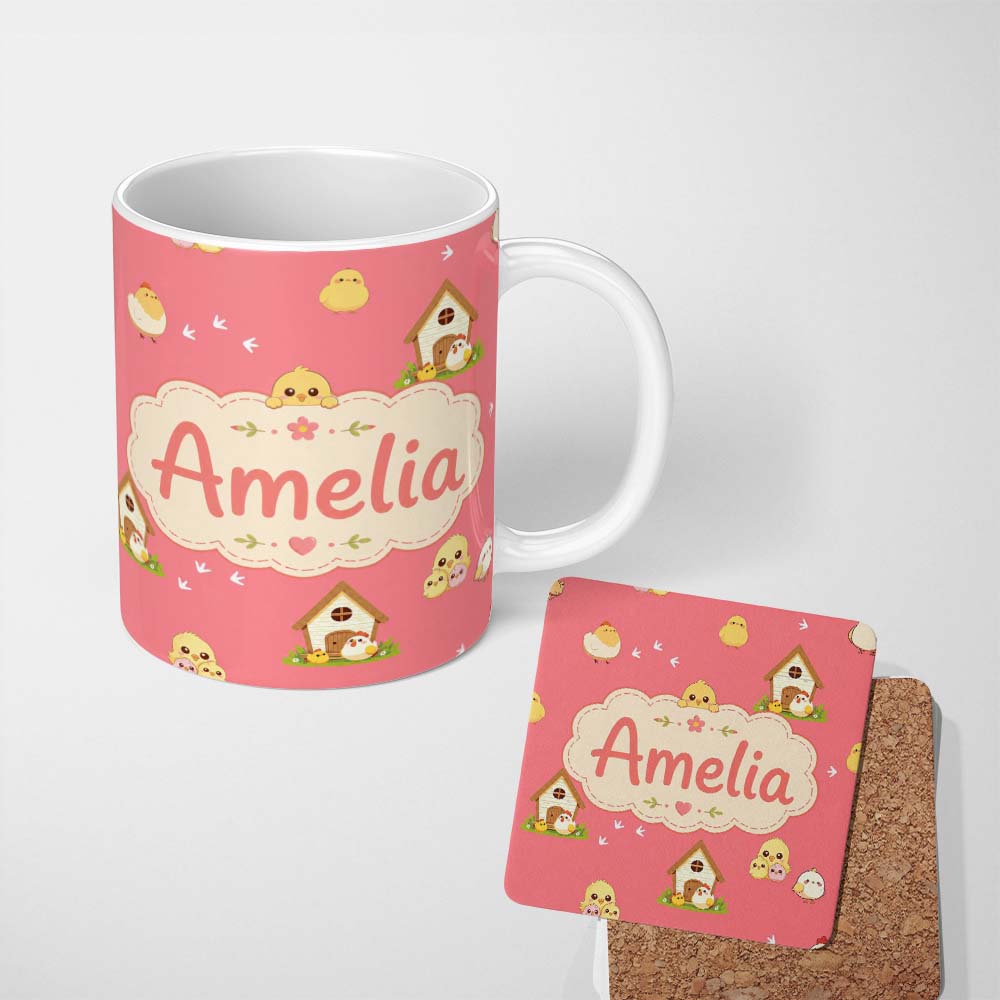 Personalized Custom Name Cute Cartoon Chickens Farmhouse Pattern Coral Pink Background 11oz Ceramic Coffee Tea Mug White Large Handle