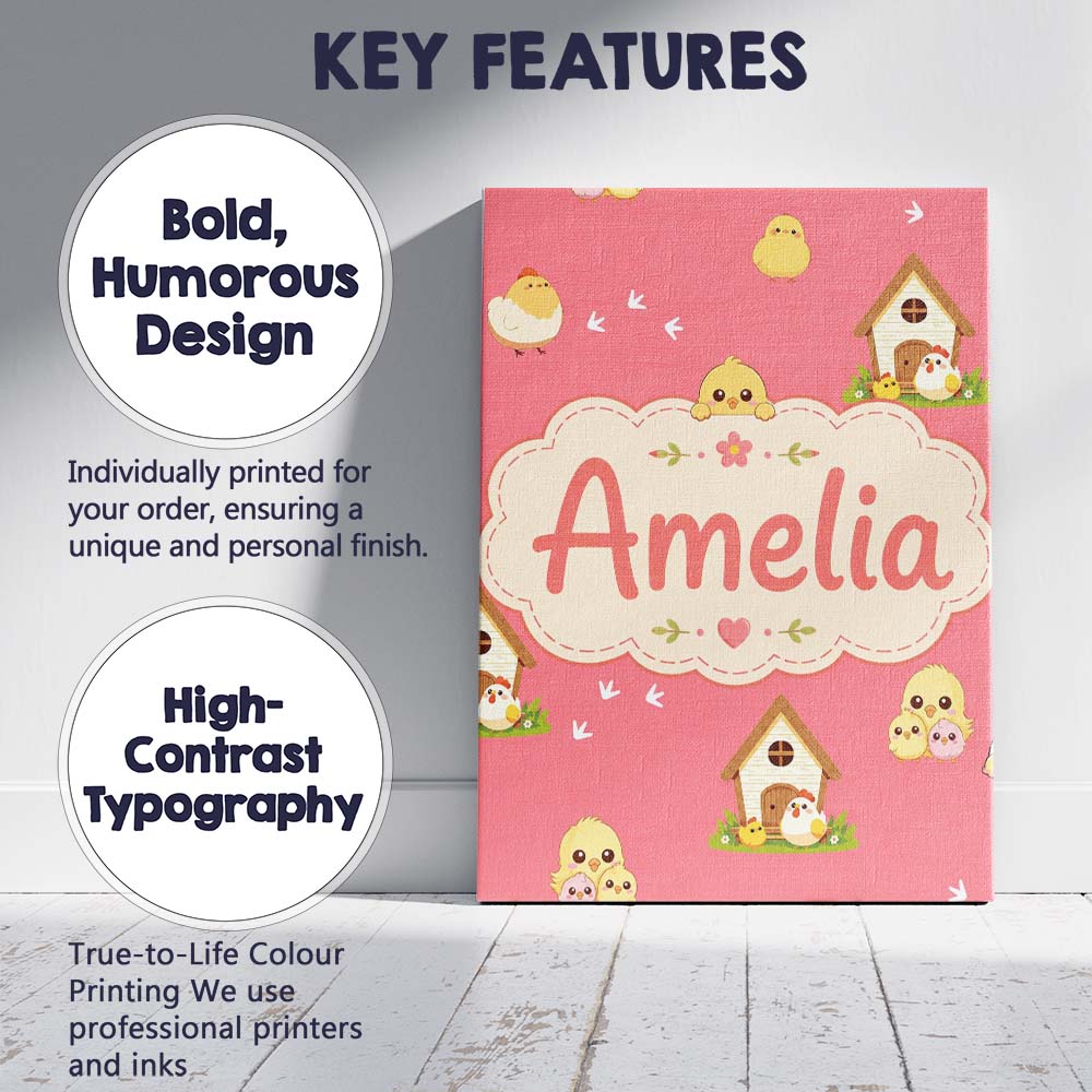 Personalised Name Cute Cartoon Chickens Custom Modern Room Accent Elegant Feature Canvas Wall Art Print Decor Picture Ready to Hang