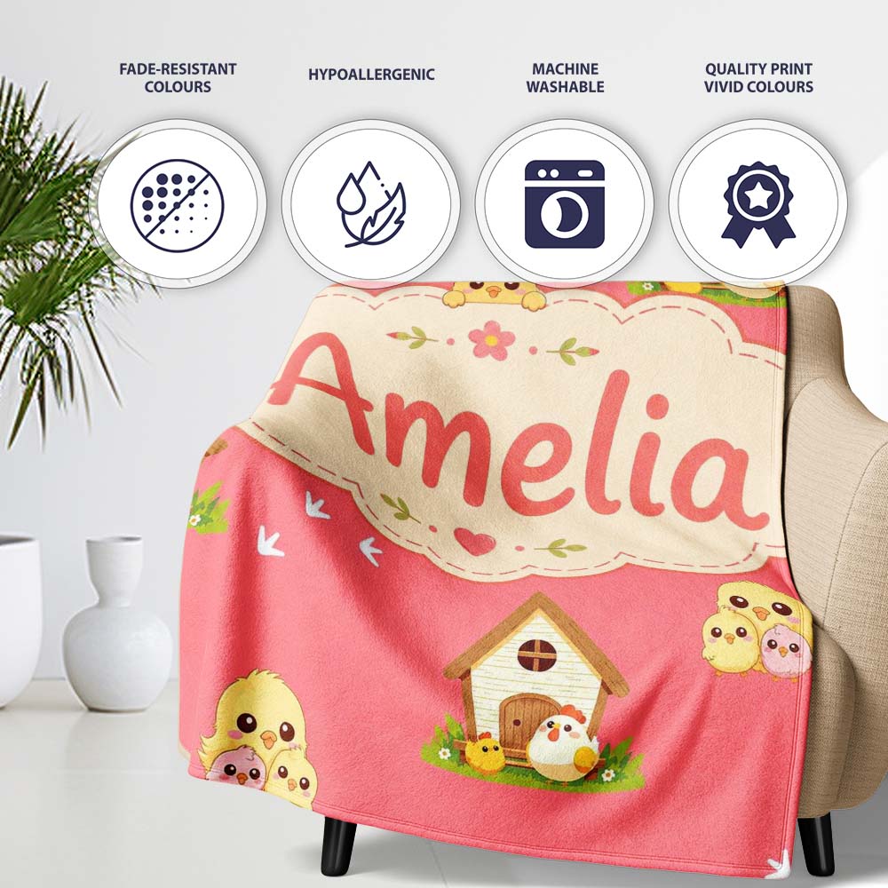 Cute Cartoon Chickens Farmhouse Pattern Coral Pink Background Personalised Custom Name Super Soft Fleece Blanket Bed Sofa Throw