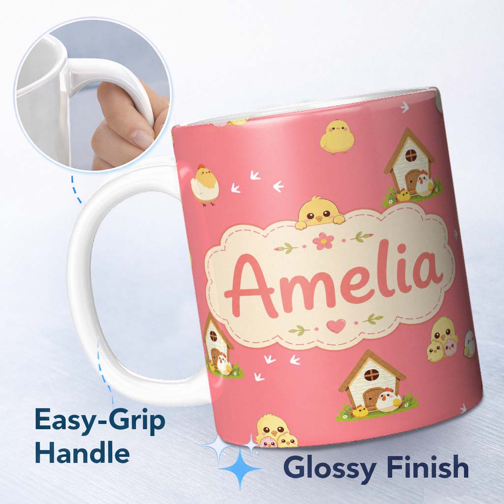 Personalized Custom Name Cute Cartoon Chickens Farmhouse Pattern Coral Pink Background 11oz Ceramic Coffee Tea Mug White Large Handle