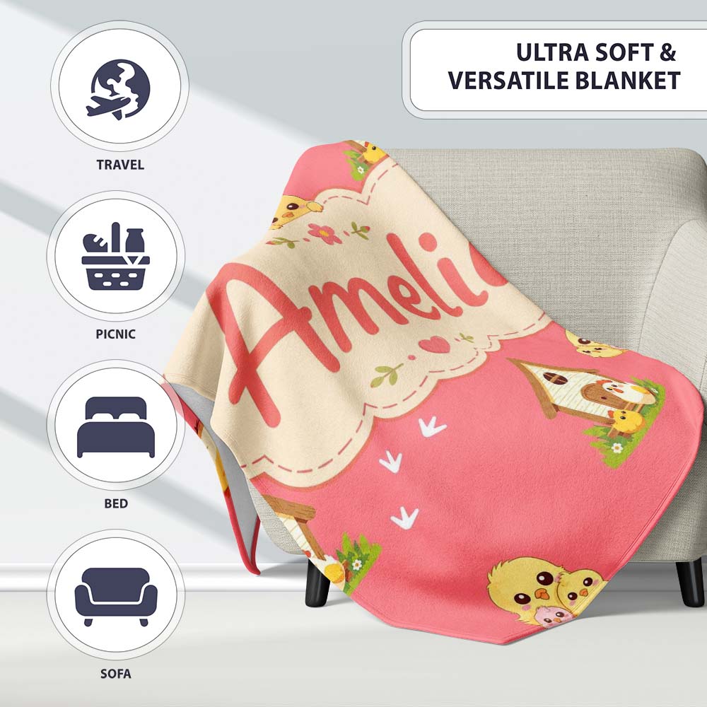 Cute Cartoon Chickens Farmhouse Pattern Coral Pink Background Personalised Custom Name Super Soft Fleece Blanket Bed Sofa Throw