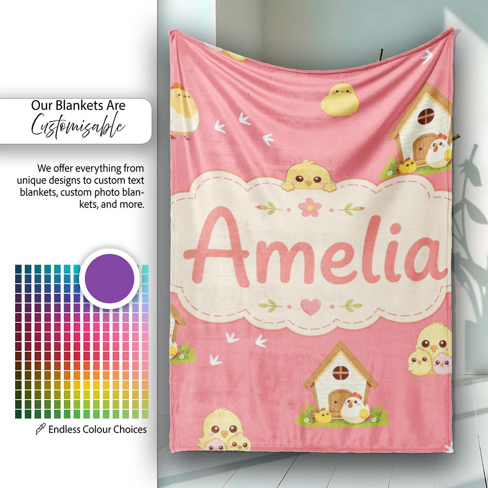 Cute Cartoon Chickens Farmhouse Pattern Coral Pink Background Personalised Custom Name Super Soft Fleece Blanket Bed Sofa Throw