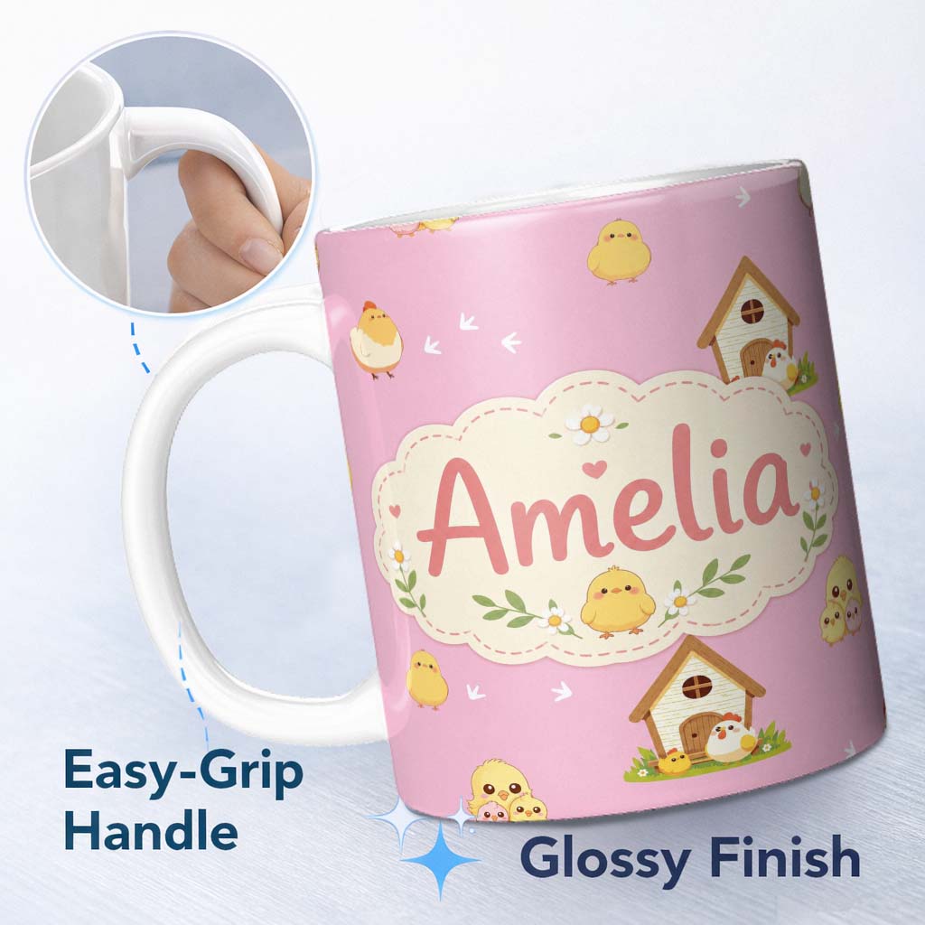 Personalized Custom Name Cute Cartoon Chickens Farmhouse Pattern Rose Pink Background 11oz Ceramic Coffee Tea Mug White Large Handle