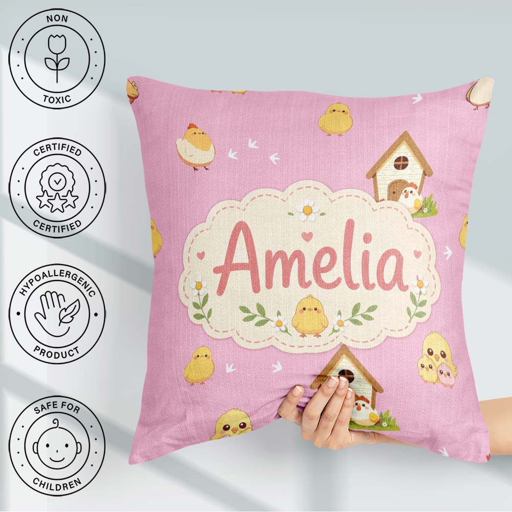 Custom Name Cute Cartoon Chickens Farmhouse Rose Pink Background Square Filled Cushion Throw Pillow Sofa Bed Home Decor Zip Washable UK Made